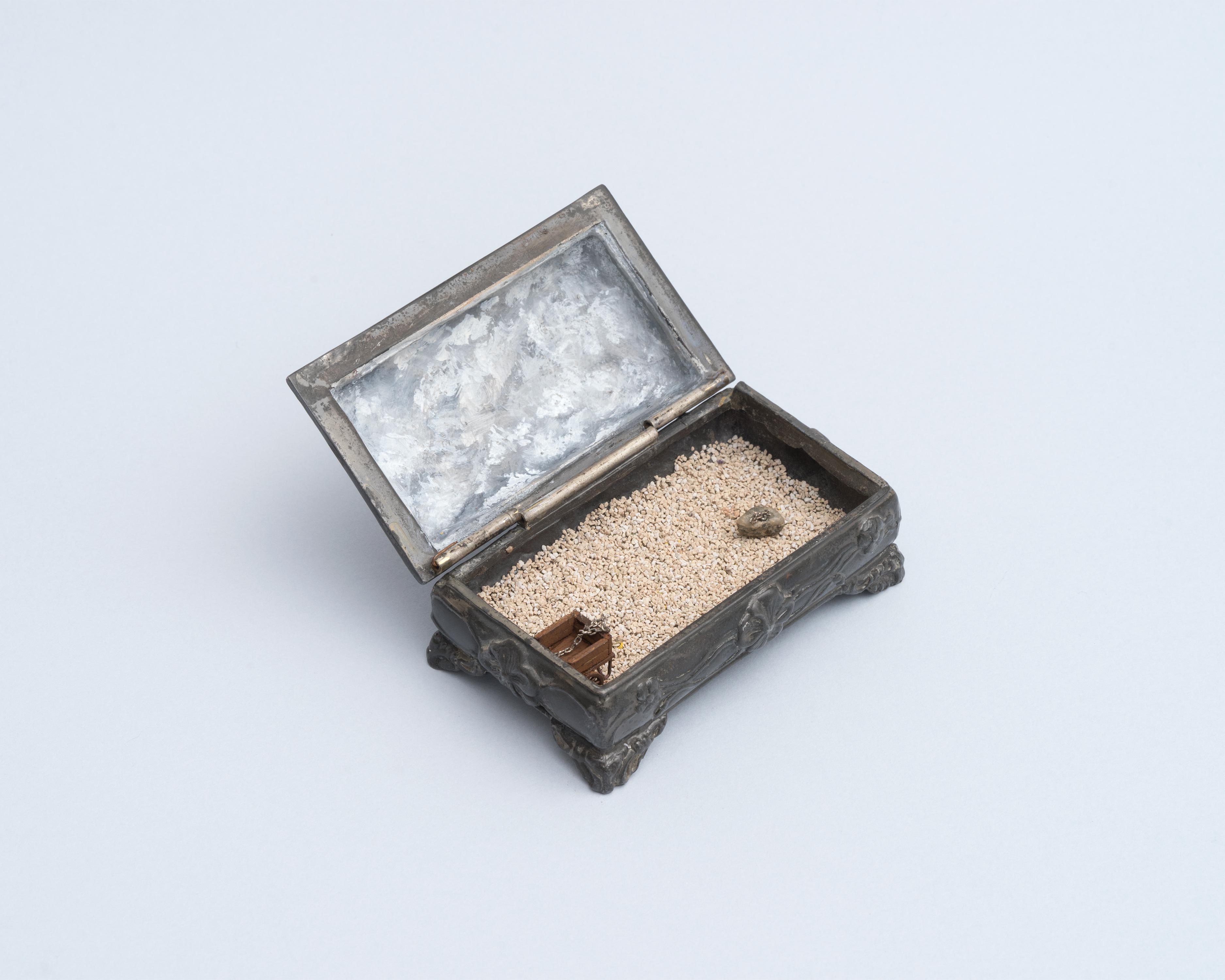Curtis Talwst Santiago<br>Empty Wagon Leaving Slave Market<br>2016<br>Mixed media diorama in reclaimed jewelry box<br>3.625 x 2.125 x 2.125 in (9.2 x 5.4 x 5.4 cm)