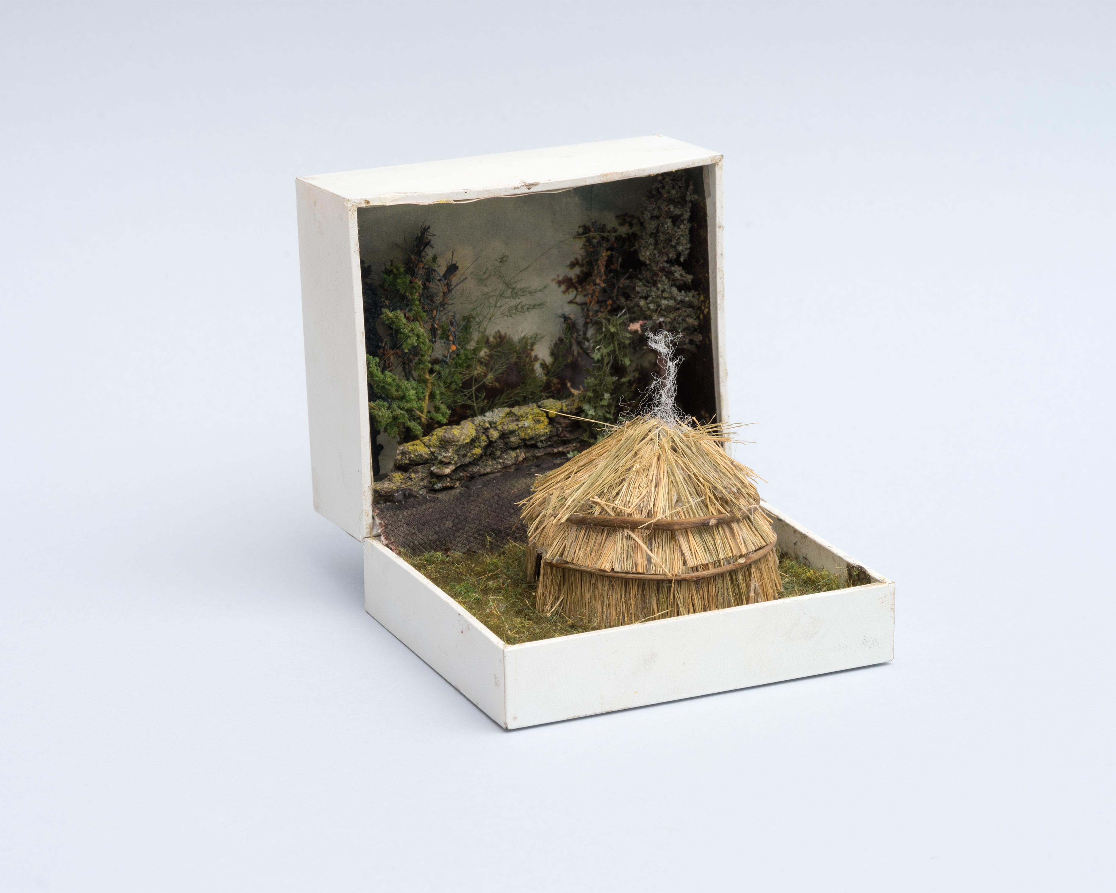 Curtis Talwst Santiago<br>Lenape Wigwam in Clearing<br>2016<br>Mixed media diorama in reclaimed jewelry box<br>3.875 x 3.3 x 4 in (9.8 x 8.4 x 10.2 cm)