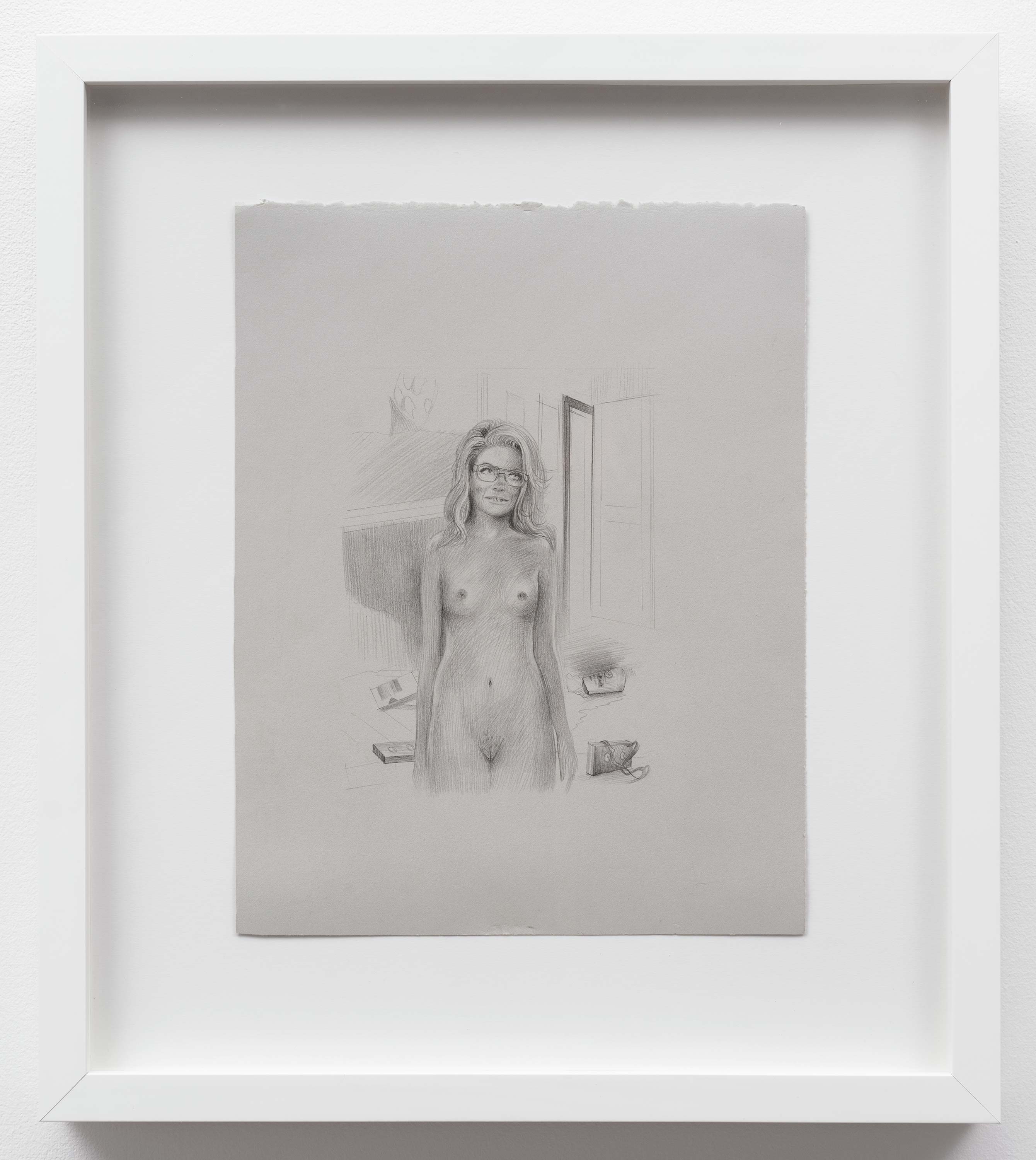 Brandi Twilley<br>Naked in the Living Room with Glasses<br>2014<br>Graphite on gray paper<br>9 x 11.5 (23 x 29 cm)